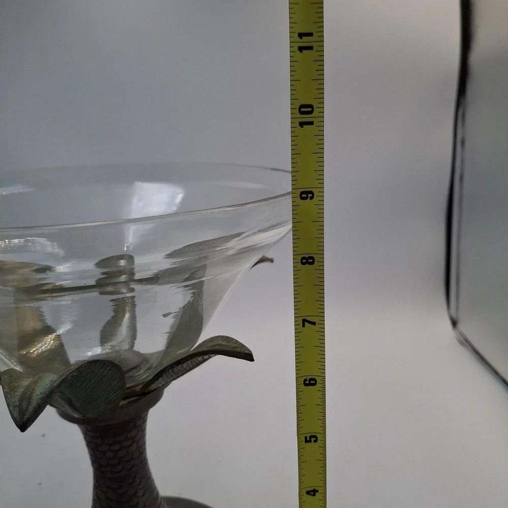 Vintage Brass Palm Tree Glass Compote Bowl Centerpiece Hollywood Regency 80s